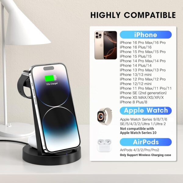 3 in 1 Charging Station for iPhone, Wireless Charger for iPhone 16 15 14 13 12 11 X Pro Max & Apple Watch - Wireless Charging Station for AirPods 4 3 Pro - Image 6