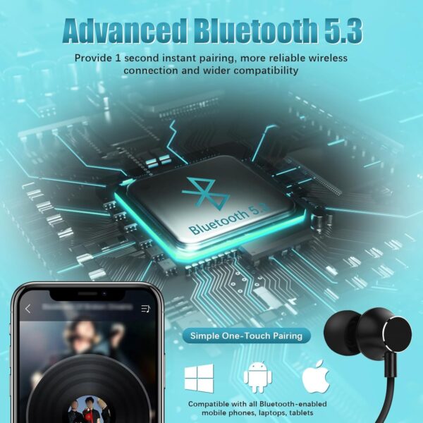 Neckband Bluetooth Headphones, 200H Extra Long Playtime Wireless Stereo Neckband Earbuds with Microphone, Waterproof Balanced Armature Drivers in Ear Headset for Sports/Workout (Cyan Green) - Image 5