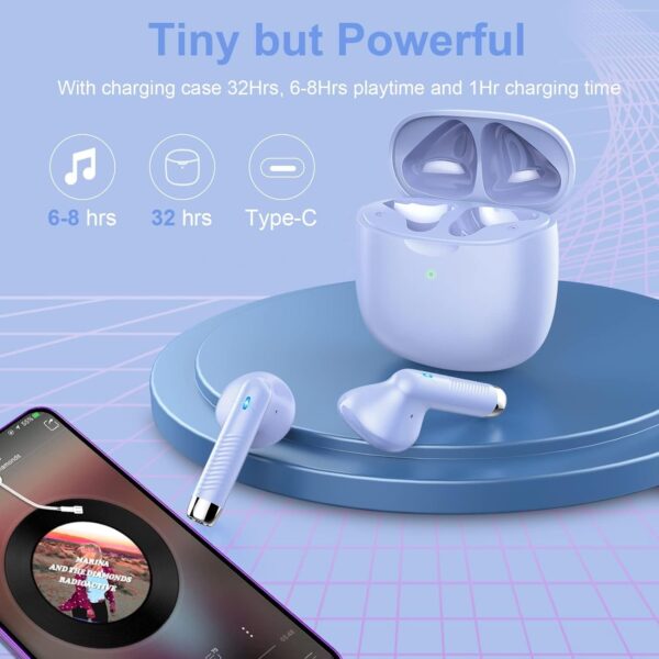 Wireless Earbuds, Bluetooth 5.4 Earbuds Stereo Bass, Bluetooth Headphones in Ear Noise Cancelling Mic, Earphones IP7 Waterproof Sports, 32H Playtime USB C Charging Case Purple Ear Buds for Android iOS - Image 3