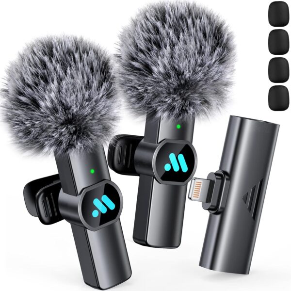 2pcs Lavalier Wireless Microphone for iPhone iPad, Wireless Microphone for Video Recording, Game Live Streaming, Interviews, YouTube, TikTok, Vlog(for iPhone 14 and Below)